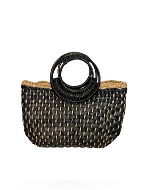 Free People The Sofia Basket Black Corn Husk Woven Tote Bag Wood-style Handles